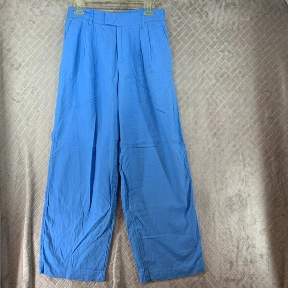 A New Day Womans 6 Linen Blend Pants Blue High Rise Baggy Straight Leg - Picture 1 of 15
